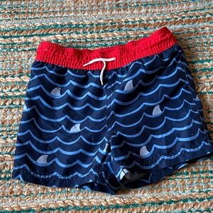 Boys Janie and Jack Navy Wave Pattern Swim Shorts with Red Waistband